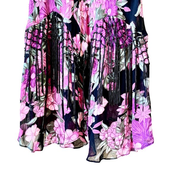 Dress Barn Vtg 90s Floral Lined Skirt with Fringe and Sequins and Beads - Picture 3 of 13